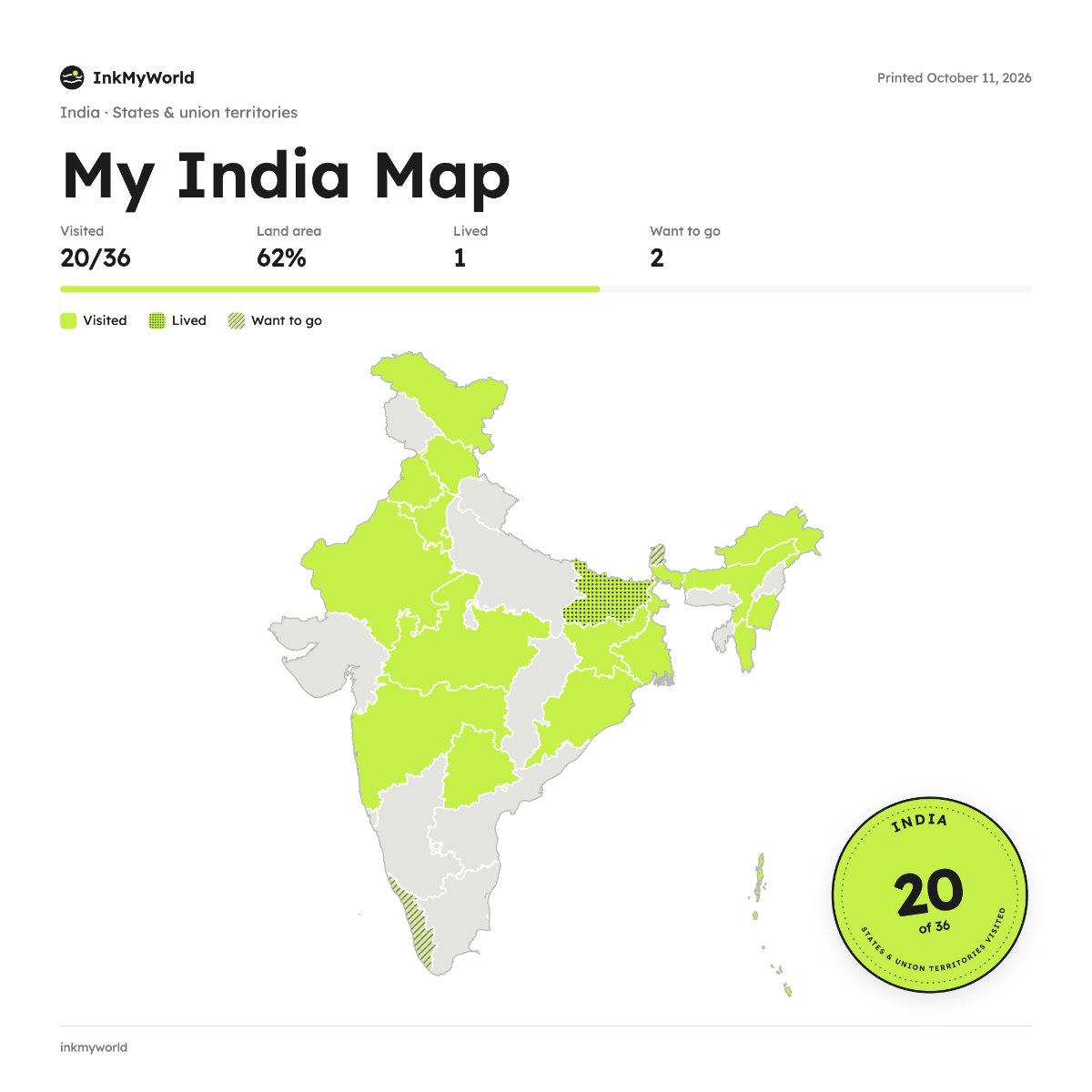 Example india states visited map made with InkMyWorld